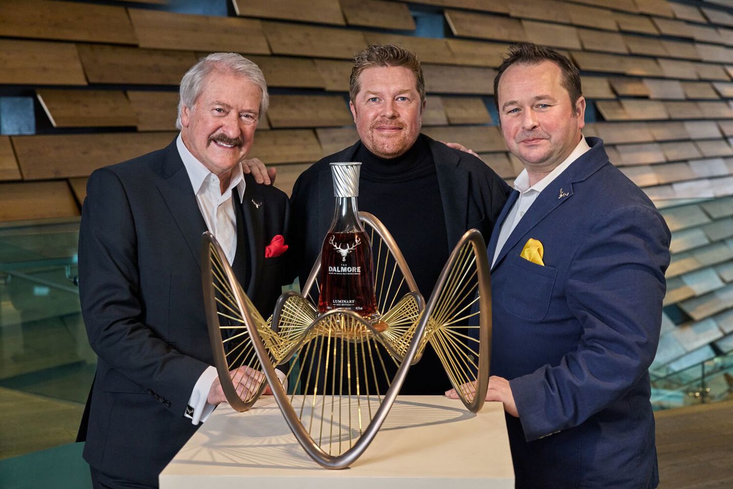 Richard Paterson, Ben Dobbin and Gregg Glass at V&A Dundee with Ben's sculpture for Luminary 2025 Edition - The Rare  